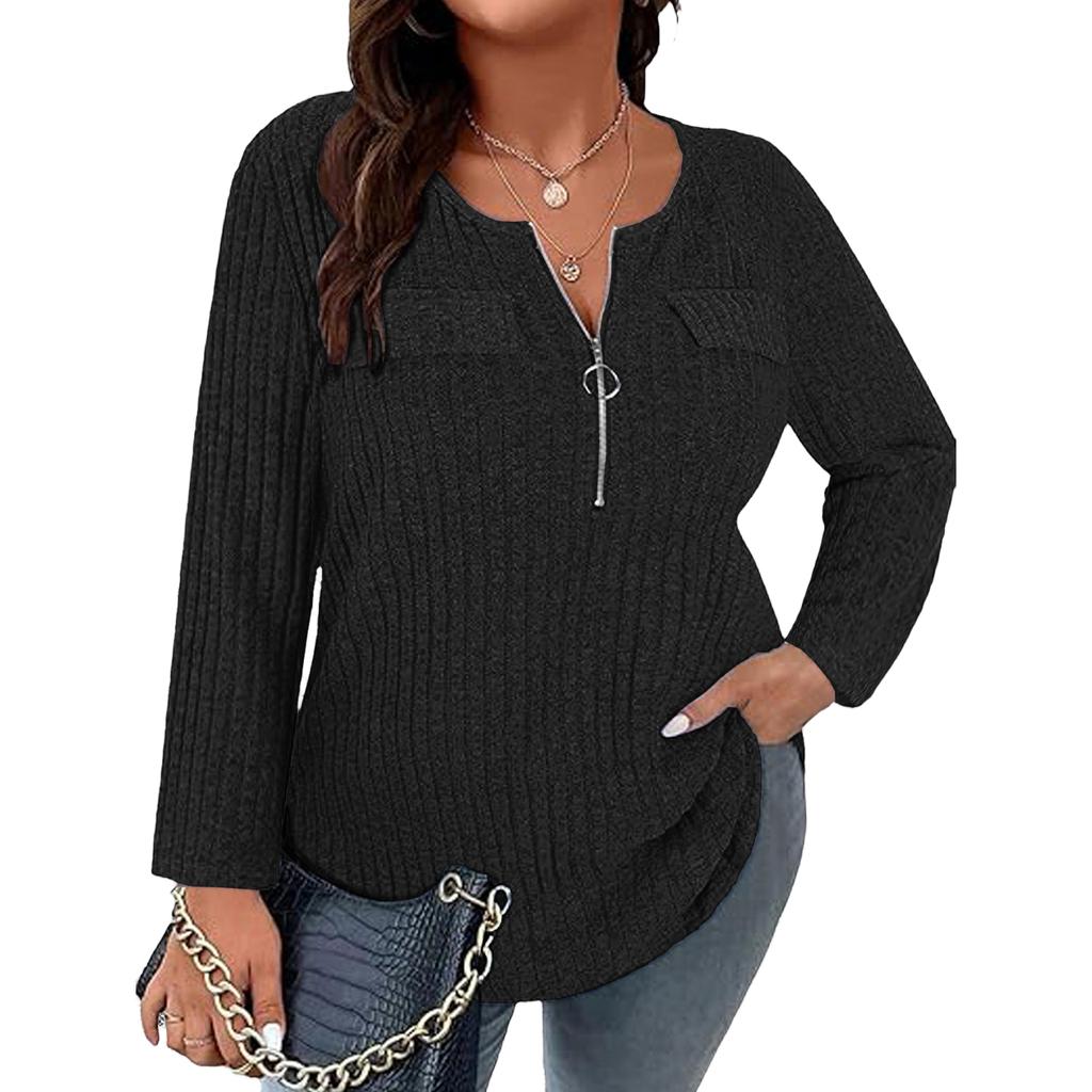 Women's Plus Size Casual Long Sleeve V-Neck Zipper T-Shirt