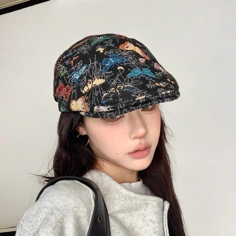 Vintage Artist Painter Hat Ethnic Style Butterfly Embroidered Beret  Spring Summer