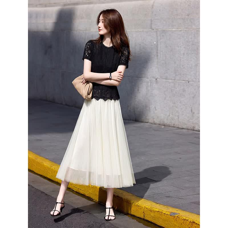 Elegant Lace Embroidered Top and Mesh Skirt Set