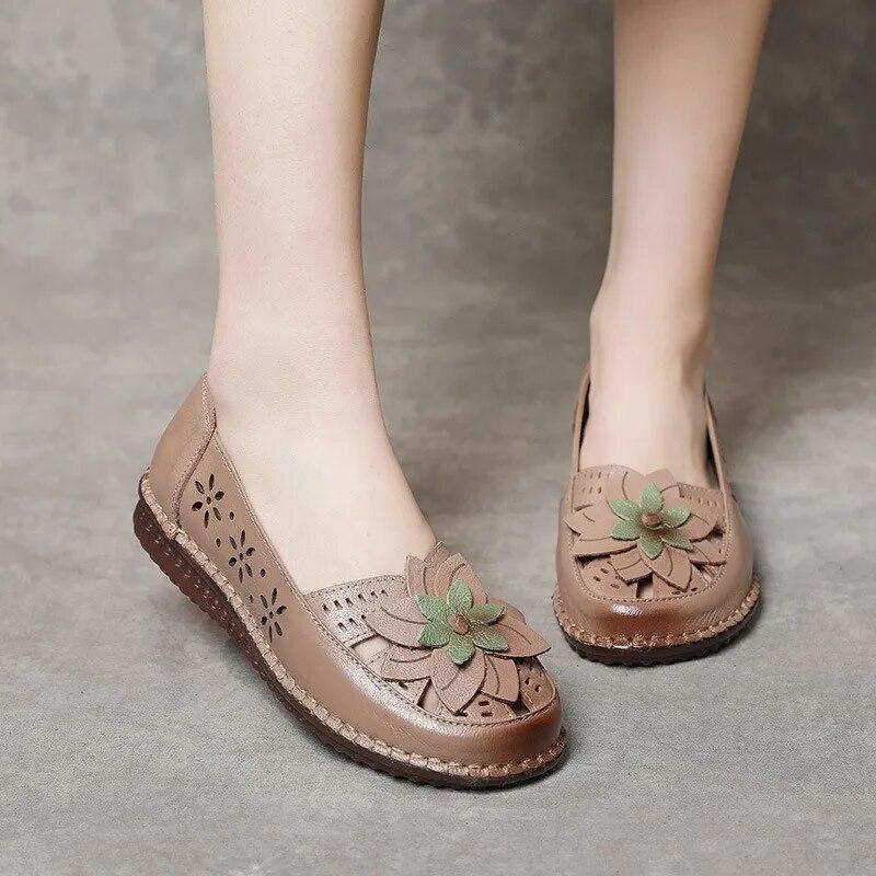 Johnature Ethnic Style Hollow Breathable Flat Sandals Genuine Leather Round Toe Soft Sole Women's Slip-on Shoes