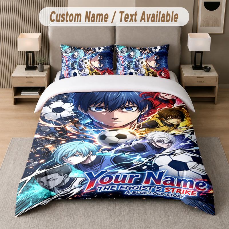 Blue Lock 3Pcs Bedding Set, Personalized Custom Name Text, 1 Duvet Cover & 2 Pillowcases For Bedroom
