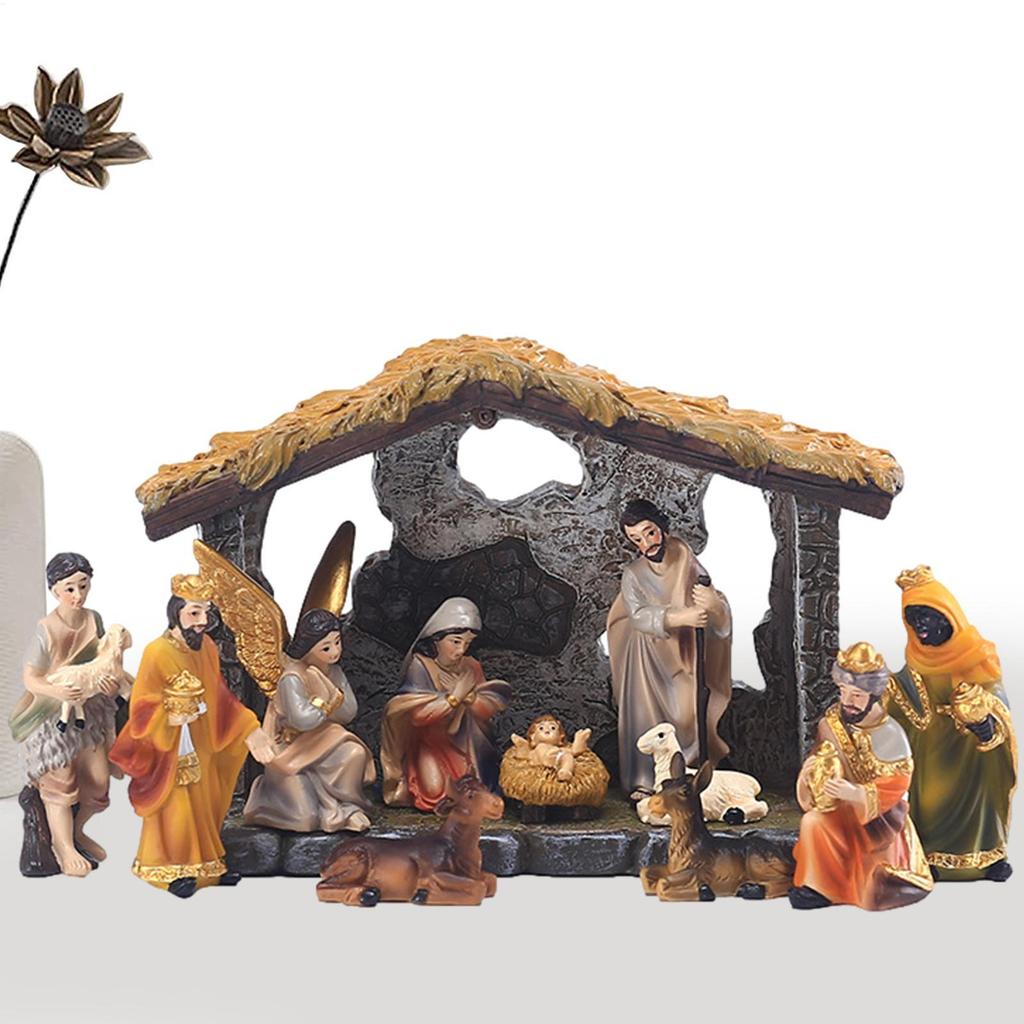 12pcs Christmas Nativity Set Resin Christmas Figurines Nativity Scene Set Holy Family Crafts Statue Decor Home Living Room