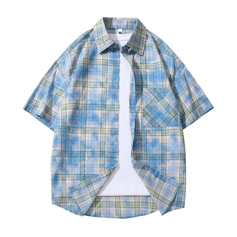 

Летняя рубашка в клетку из чистого хлопка для пары, повседневная, с коротким рукавом, универсальная, свободного кроя, с рукавом до локтя XL синий