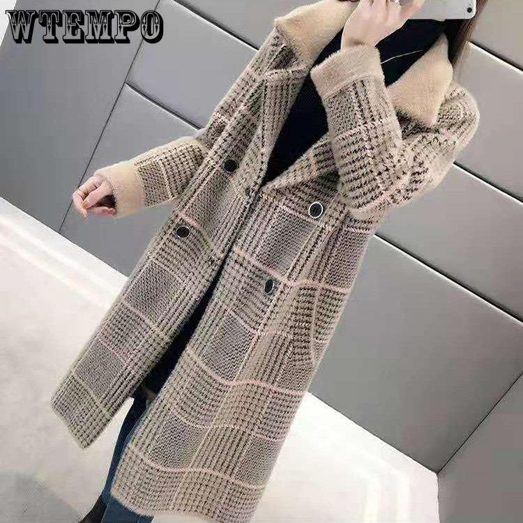 Damen-Nerzimitat-Samtjacke im langen Absatz, Windjacke, lockerer, karierter doppelseitiger Mantel für Herbst und Winter