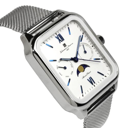 Salvatore Mara Watch Moon Phase Square Square Multi Calendar Business Formal Men's Stainless Steel Mesh Belt Limited Model Silver White SM24112-SSWHM