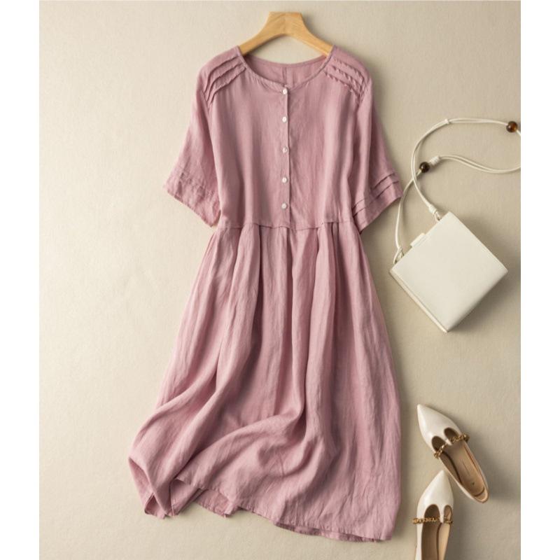Short Sleeved Dress, Women's Cotton and Linen Shirt, Mid To Long Length, Summer New Style, Temperament