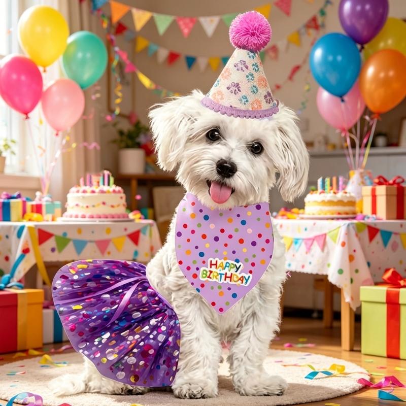 Fashion Meshes Dog Dress And Birthday Hat Outfit Bandana Scarfs Dog Birthday Make Up Supply For Special Occasions