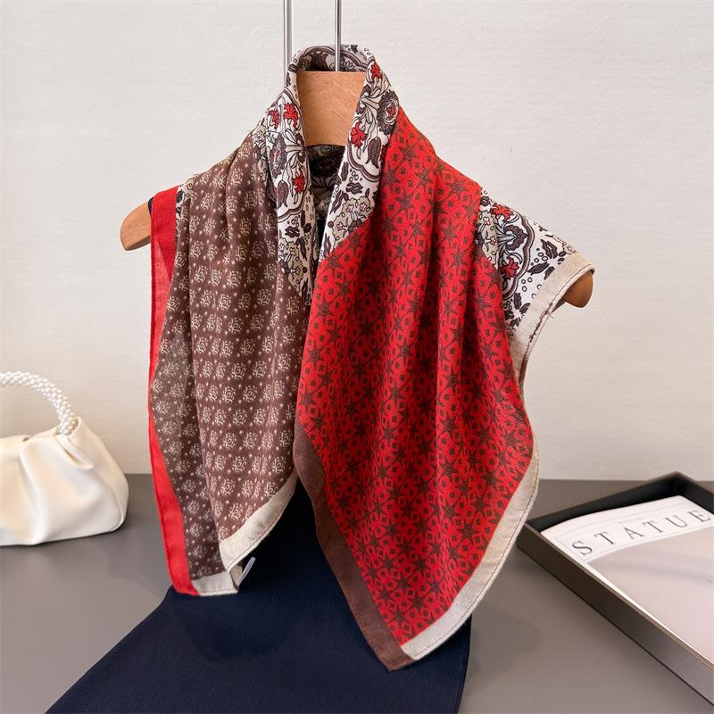 Literary printed cotton linen small checkered scarf imitation velvet scarf retro shawl sun protection women's scarf