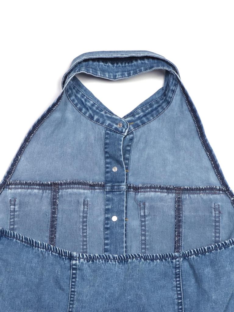Women's Sleeveless A-Line Denim Dress with Lapel and Waist-Cinched Design
