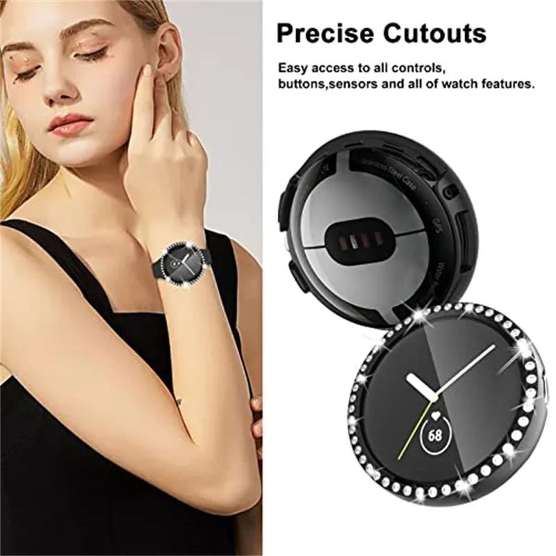 Diamond Case with Temepred Glass for Google Pixel Watch PC Bumper Screen Protector Women Full Bling Cover for Google Pixel Watch Accessories