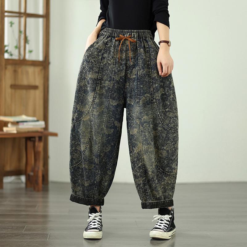 

DIMANAF 2025 New Basic Elastic Jeans Harlen pants Women Print Loose Denim Trousers Big Casual Blue Pants M
