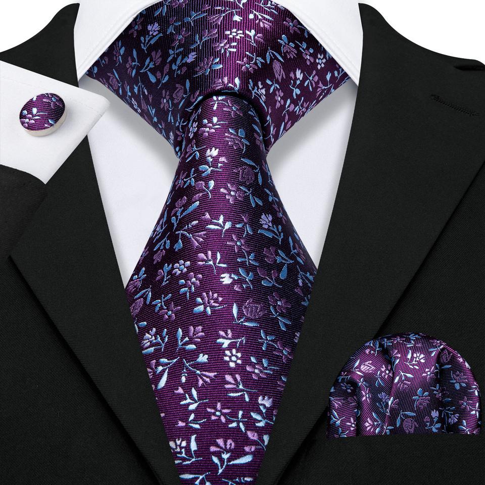 Barry.Wang Necktie Hankerchief Cufflinks Set Violet Paisley Tie Jacquard Woven Wedding