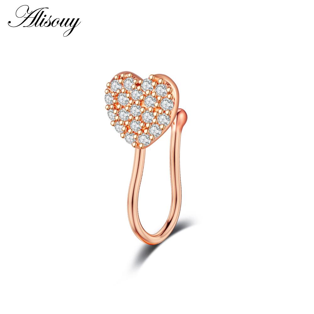 Alisouy 1pc Zirconia Fake Piercing Clip Nose Ring Body Jewelry for Women Ear Cuffs Heart Cross Star Leaf Flowers Clip Nose Rings