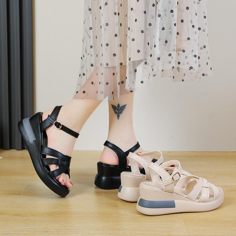 Genuine PU Leather Sandals Women Summer Brand Shoes Retro Hollow Out 7CM High Heels Wedge Set Foot Women Leather Sandals
