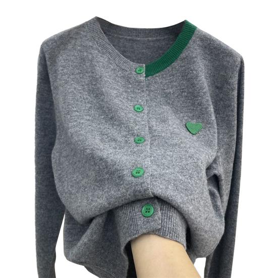 Women Fall Winter Knit Cardigan Single-breasted Round Neck Color Matching Elastic Long