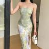 Rochie maxi florală de damă, gradient, fără bretele, cu volan lateral, rochie casual de petrecere