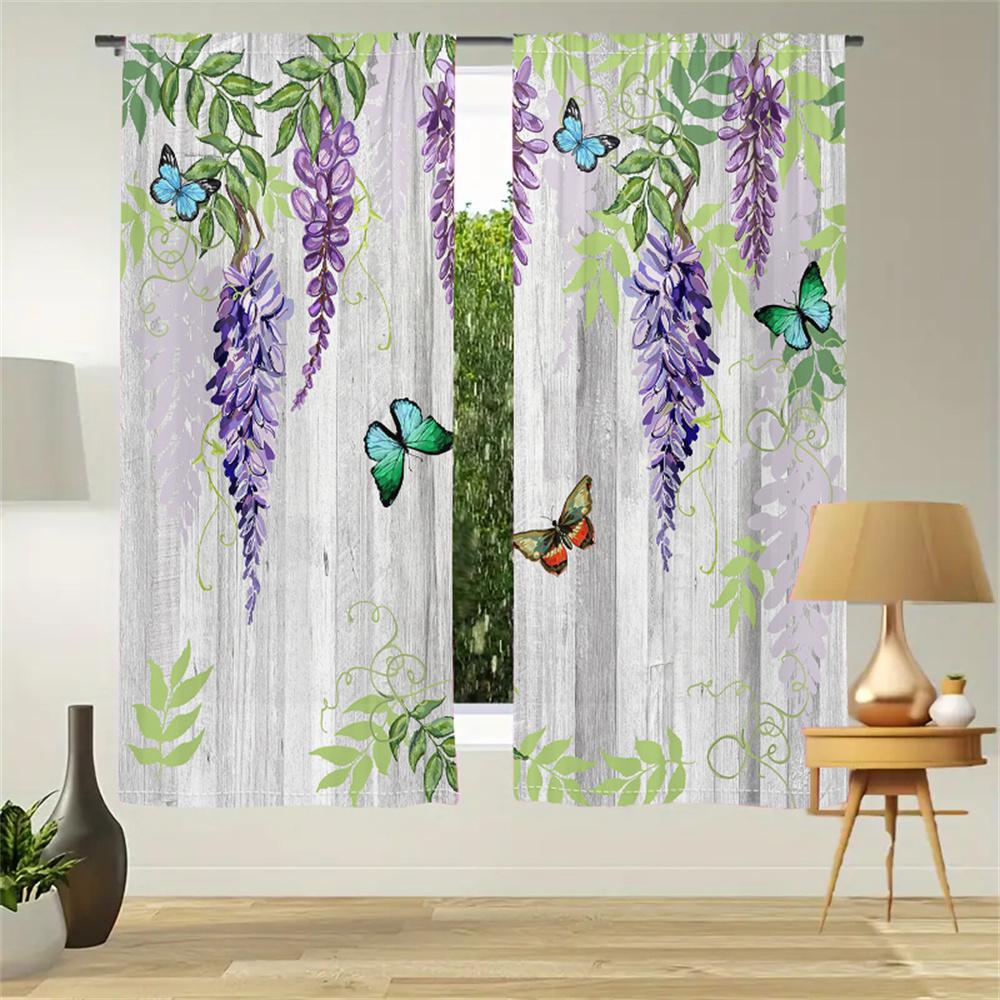 2Pcs Spring Garden Curtains Wisteria Butterfly Pattern Living Room Bedroom Balcony Sunshade Country Style Decor Curtains
