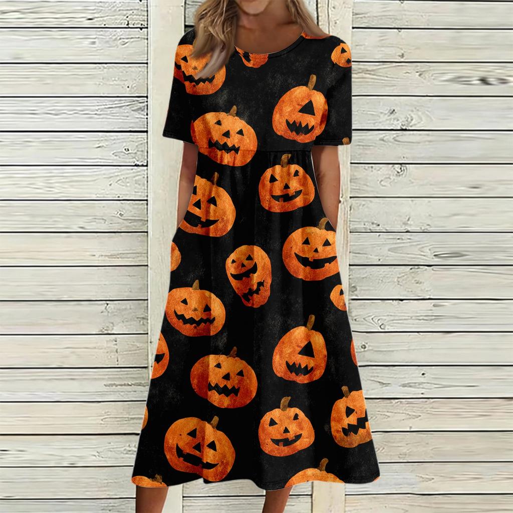 Women Casual Halloween Print Dress Short Sleeve Round Neck Pocket Midi Dress Loose Fit Comfortable Everyday Wear