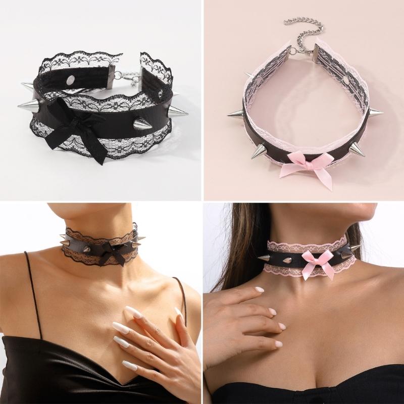 Lace Bowknot PU Pendant Short Necklace for Women Trend Cosplay Clavicle Choker Adjustable Collar Girls Party Jewelry