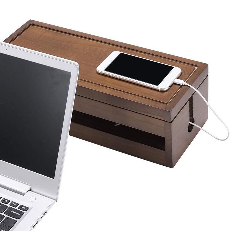 Coffee Color Cable Management Box Extension Cord Power Stripe Surge Protector Wire Wooden Cord Organizer Box