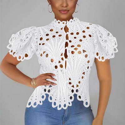Hollow Out Gece Kulübü Kadınlar Seksi Bluz Puf Kollu Vintage Yaz Üst Düğme Standı Düzensiz Zarif Gömlek Bayan Blusas 26527