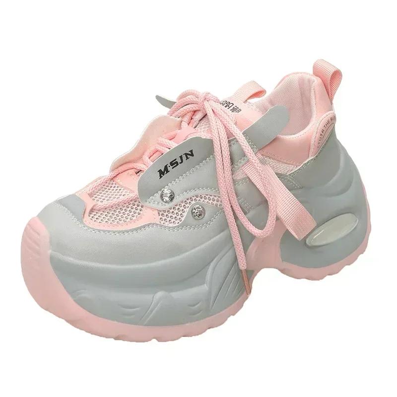 7.5CM New 2025 Summer Women Platform Sneakers Thick Bottom Breathable Mesh Casual Chunky Shoes High Heel Sports Dad Shoes Woman