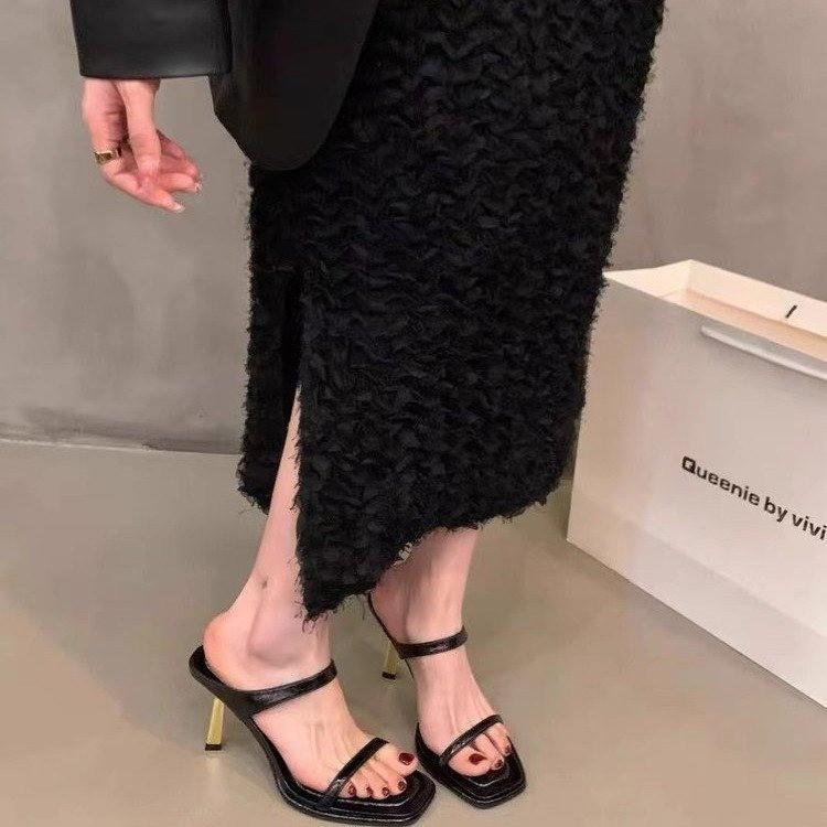 Spring and Autumn 2024 New Fashion Versatile Thick Heel Open-toed Versatile Simple Square Head Cool Slippers Women's High Heels