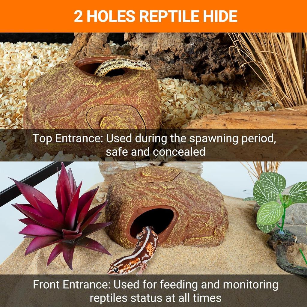 REPTI ZOO Gecko Hide Cave, 2 in 1 Snake Reptile Hideout for Hide & Rest & Breed & Feeding, Reptile & Amphibian Habitat Decor for Corn Snake, Small