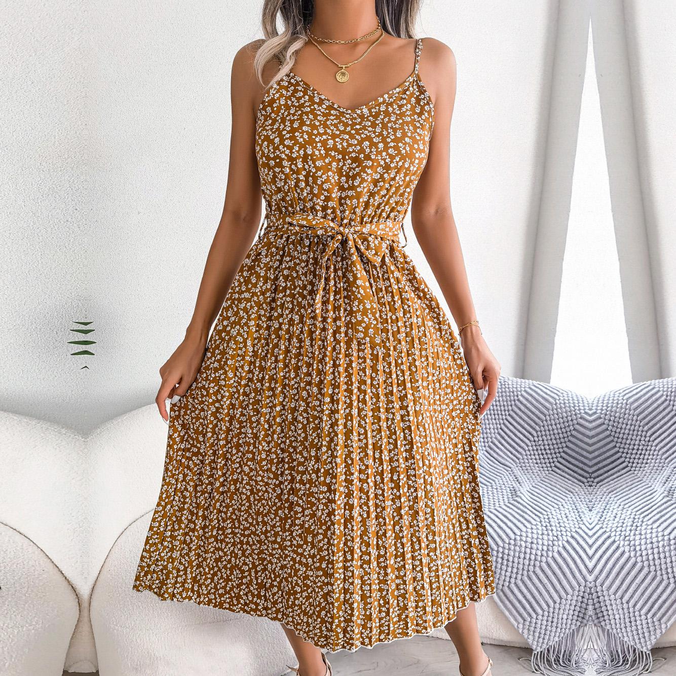 

Женское плиссированное платье на бретельках без рукавов с цветочным принтом средней длины, весна-лето, S-XL XL кофейный