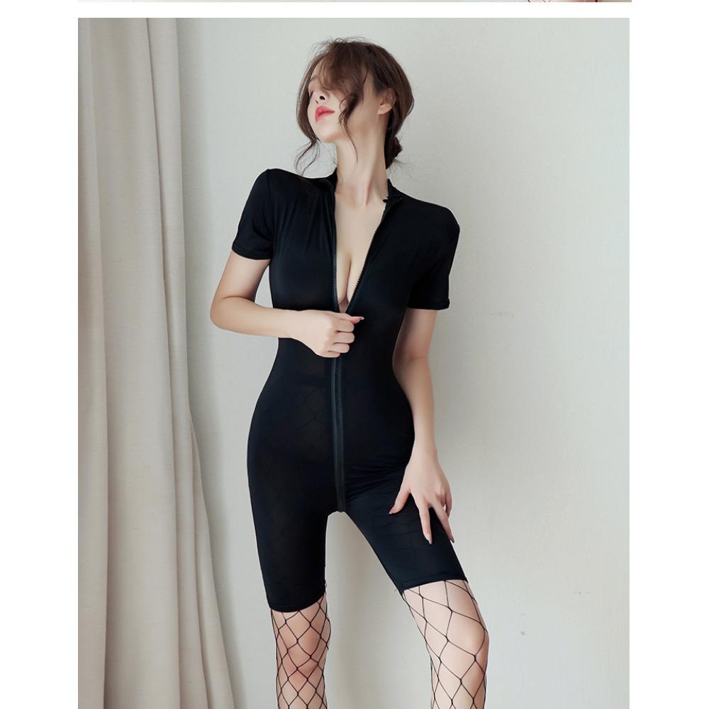 Sex Underwear Women's Sexy Silky Swimming Cloth Zipper Short Sleeve Open Gear Free Sexy Onesie Set One Piece with Hair