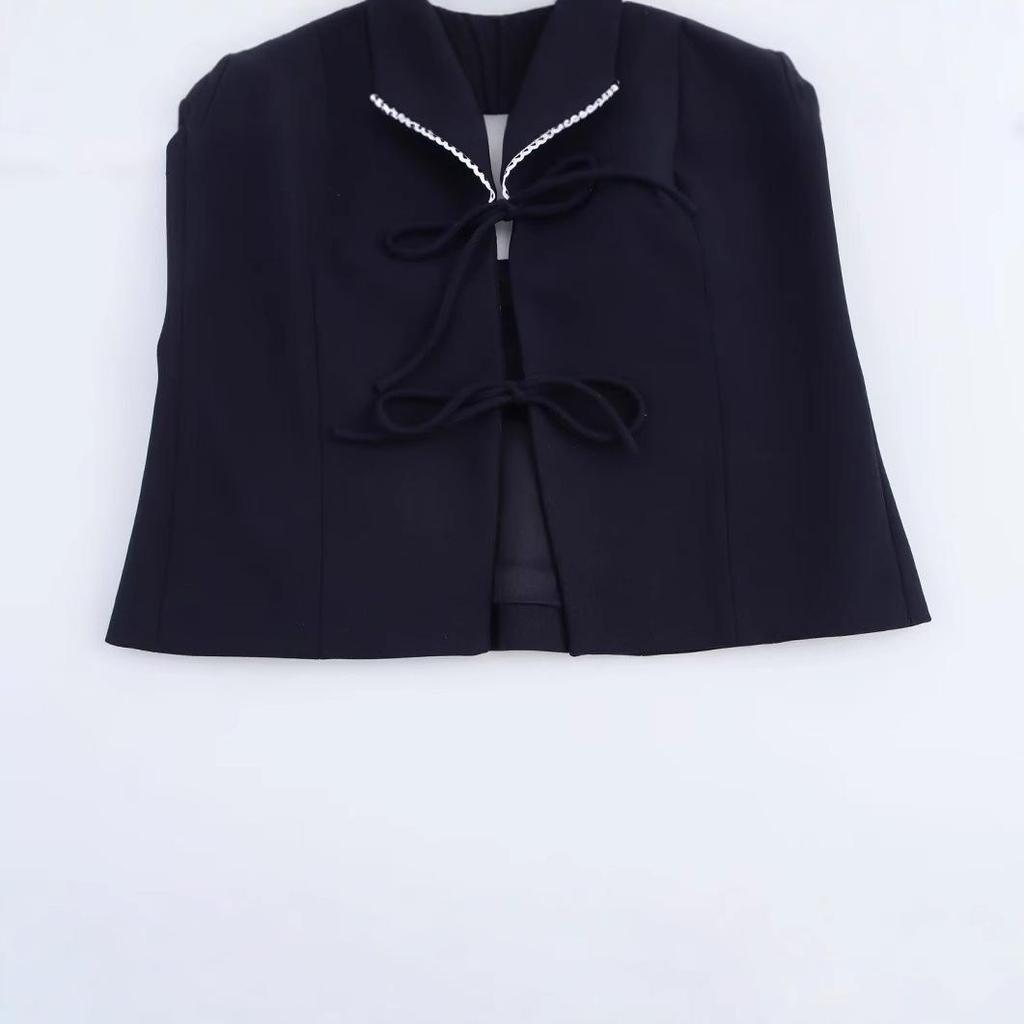 Spring 2025 Women's European & American Style Halter Neck Top with Bow Decor & Patchwork