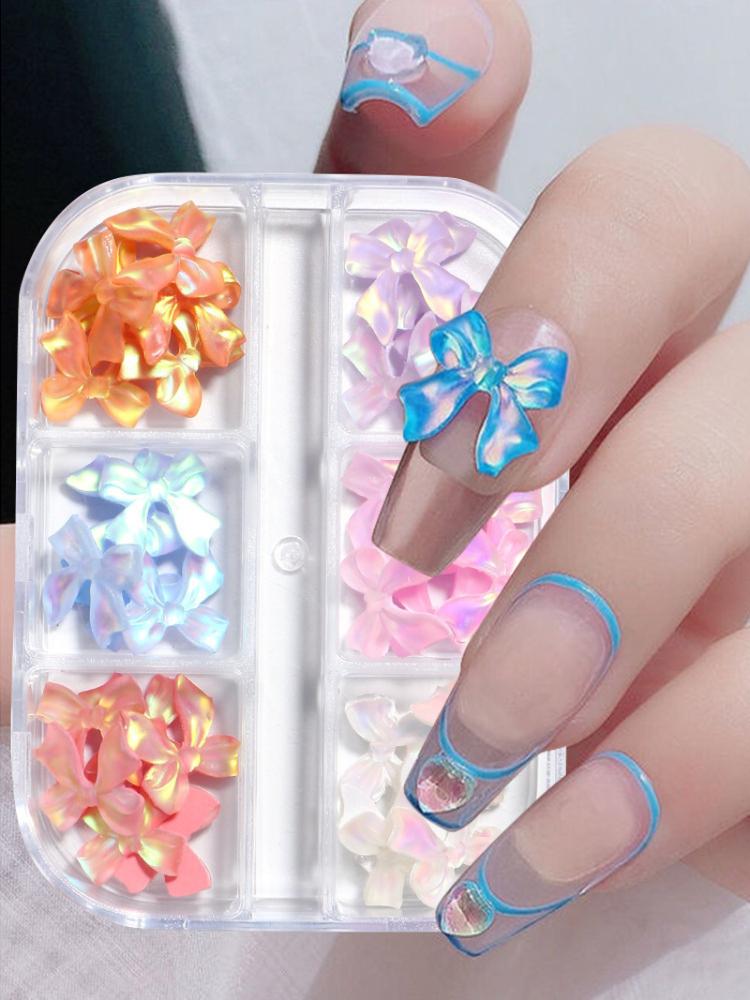 6 Grids 3D Cute Bow Nail Charms Holographic DIY Resin Aurora Decoration Valentine Nail Design Manicure Jewelry Accessories