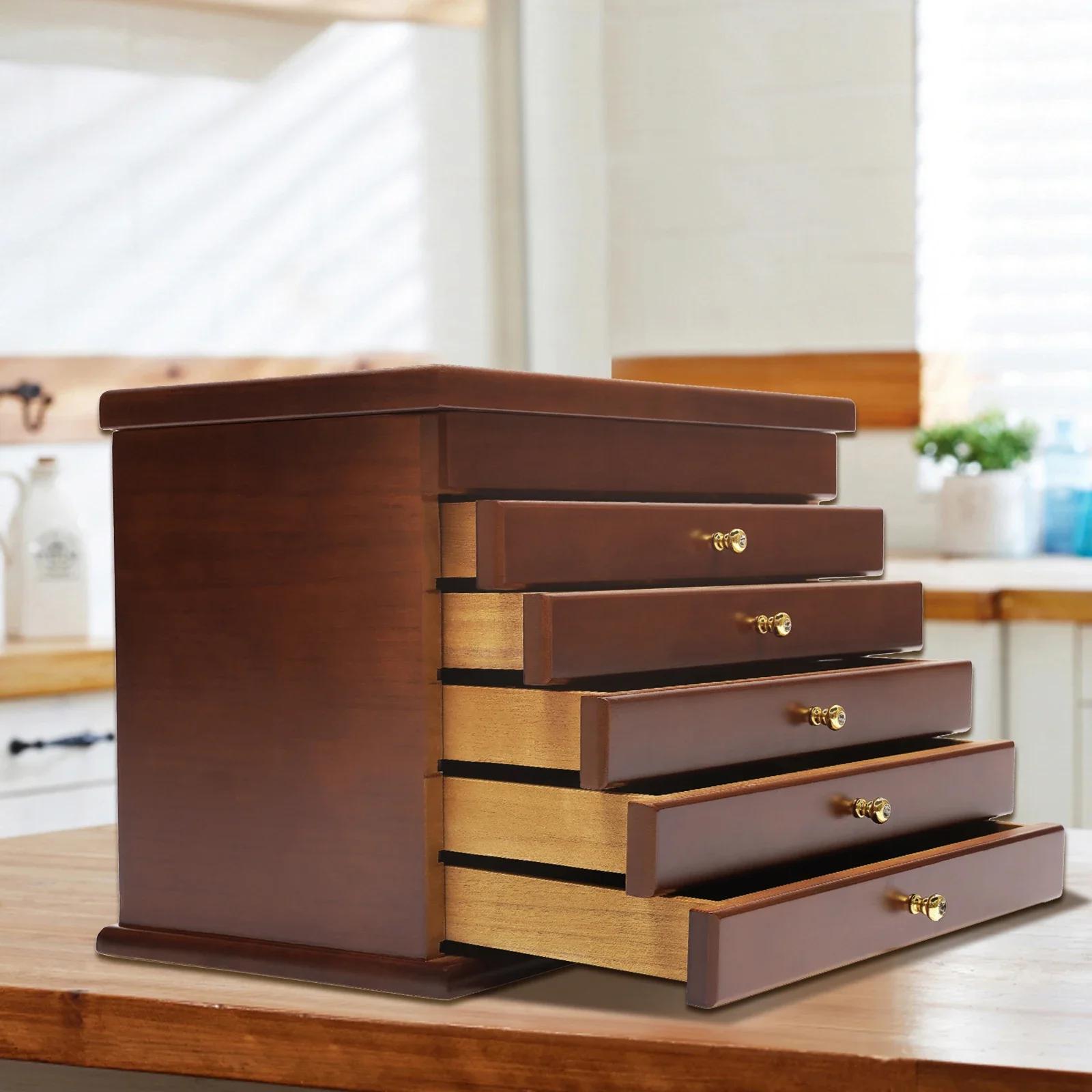 6-Layers Wooden Jewelry Box, Walnut Jewellery Box Organizer Cabinet Armoire Ring Necklacel Gift Storage Box Organizer (Brown) marrone