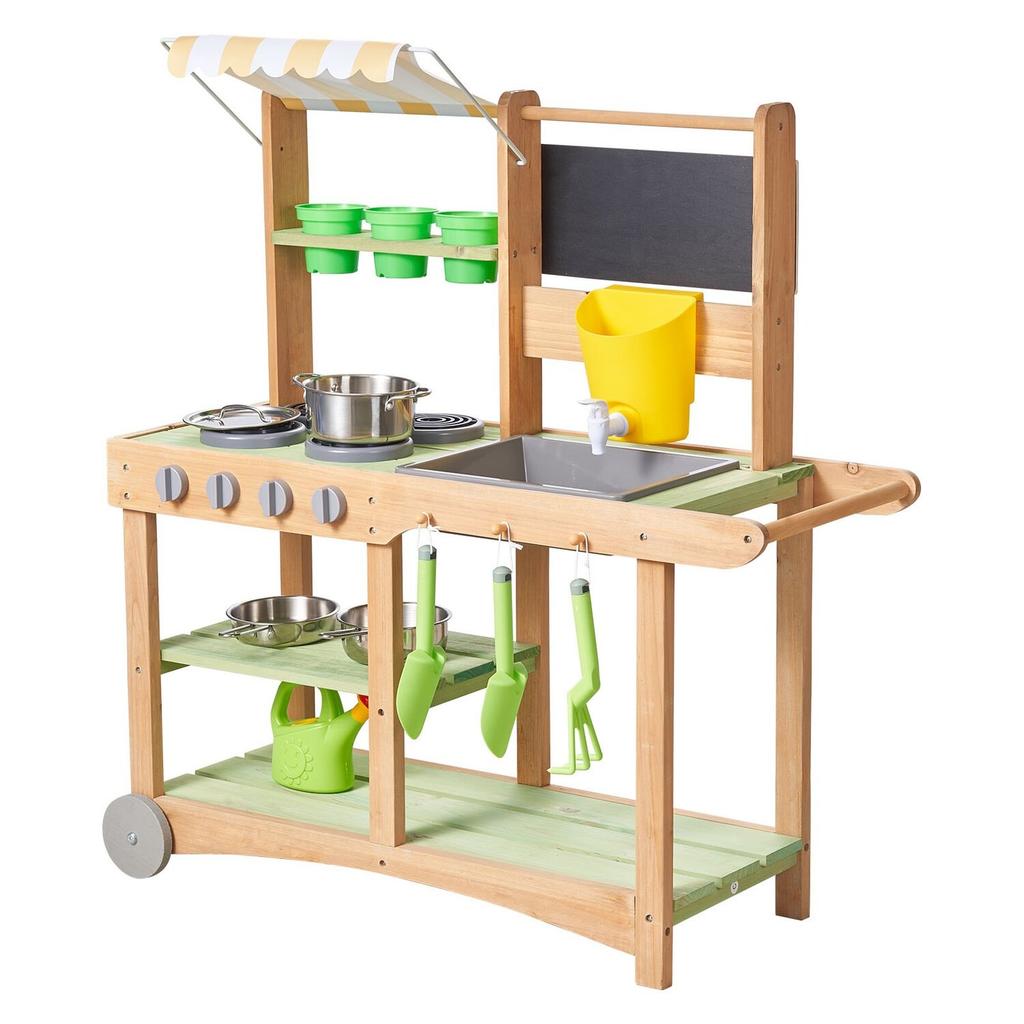 Mud Kitchen, Outdoor Mud Kitchen for Kids, Wood Outdoor Play Kitchens with Spoons, Sink, Sunshade Canopy, Swivel Wheels, Cookware Pots and