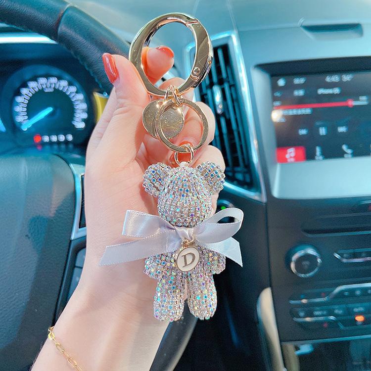 Luxury Jewelry Full Rhinestones Bear Car Key Chain Creative Letter Big Button Key Chains Bag Pendant Doll  Party Gifts For Women