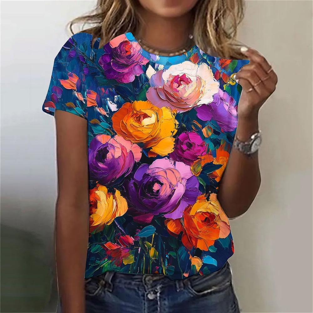2026 New Summer Retro 3D Flower Rose Printed T-shirt for Women Flower Pattern T-shirt for Girls Fashion Short Sleeve T-shirt