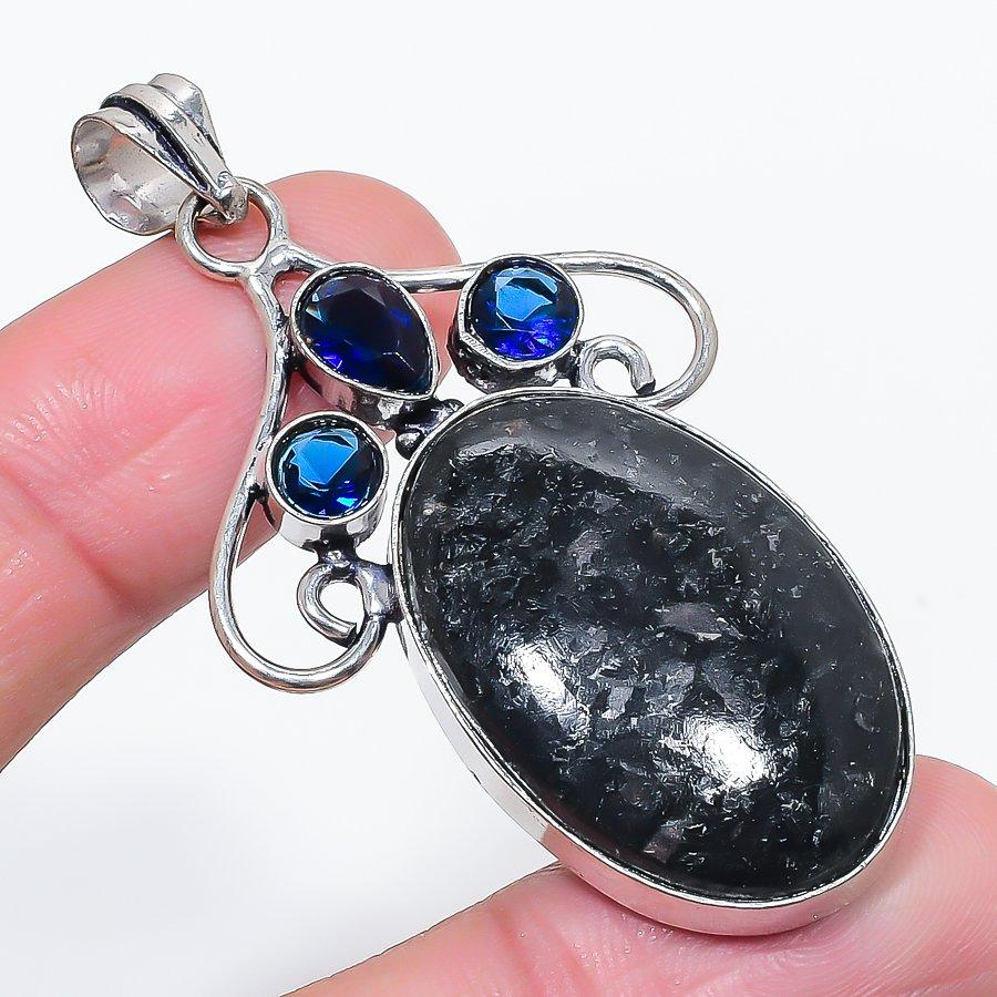 Natural Nuummite, Topaz Gemstone 925 Sterling Silver Jewelry Pendant 2.44" M1R52