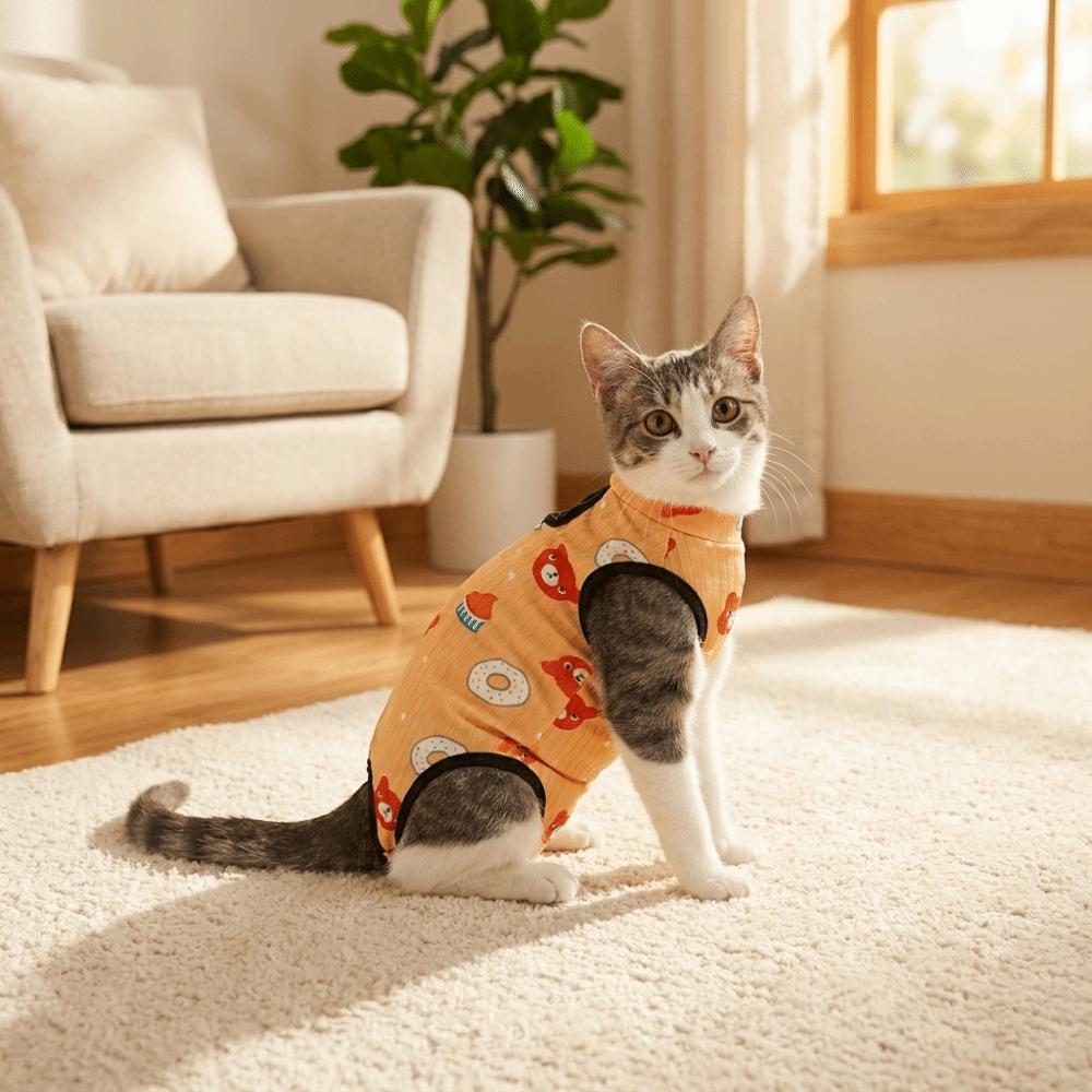 Adjustable Pet Recovery Suit Breathable High Elastic Cat Weaning Jumpsuit Soft Cotton Cartoon Pattern Cat Sterilization Clothes