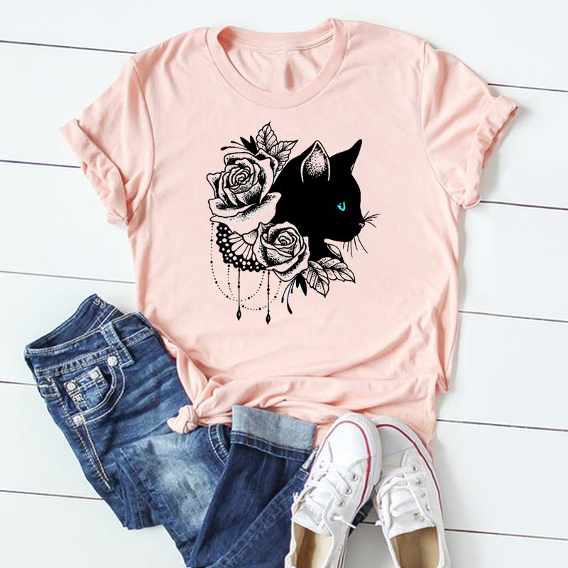 (Asian Size) Tshirt Lady Cartoon T Tee Top Women Print Fashion Clothes Female Clothing Short Sleeve Cat Animal Pet Graphic T-shirt