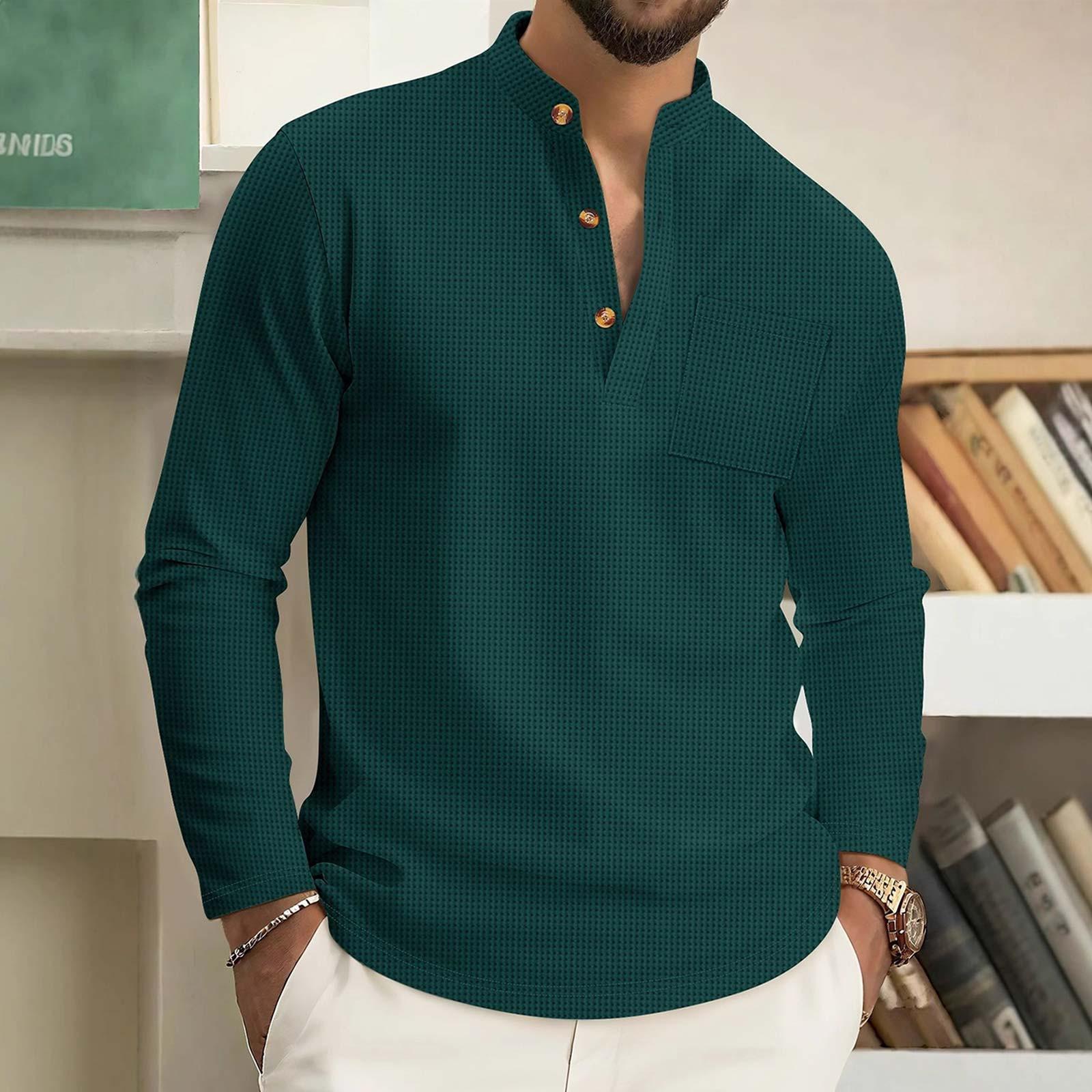 

Men s Solid Color Stand Collar Pocket Long Placket Three Breasted Long Sleeves XXXL
