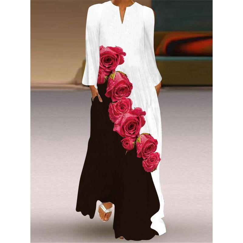 2025 Spring and Summer Fashion New Women's Retro Butterfly Print Long Dress Chiffon V Neck Long Sleeves Pocket Dress
