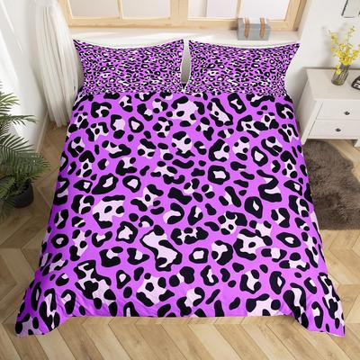 Conjunto de Roupa de Cama com Capa de Colcha Três Peças Estampa de Leopardo Roxa Impressão Digital 3D Capa de Cama