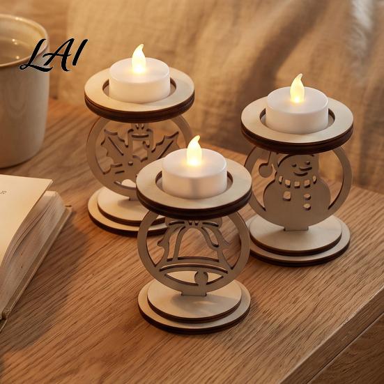 Decorative Wooden Candle Tray 3Pcs Christmas Holder Detachable Tealight Stand with Hollow Natural Wood Carving Crafts Carved Snowman/Bell/Candle