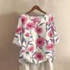 Women's Fashionable And Casual Shirt Half-sleeve Round Neck Print Cotton And Linen Blouse Top