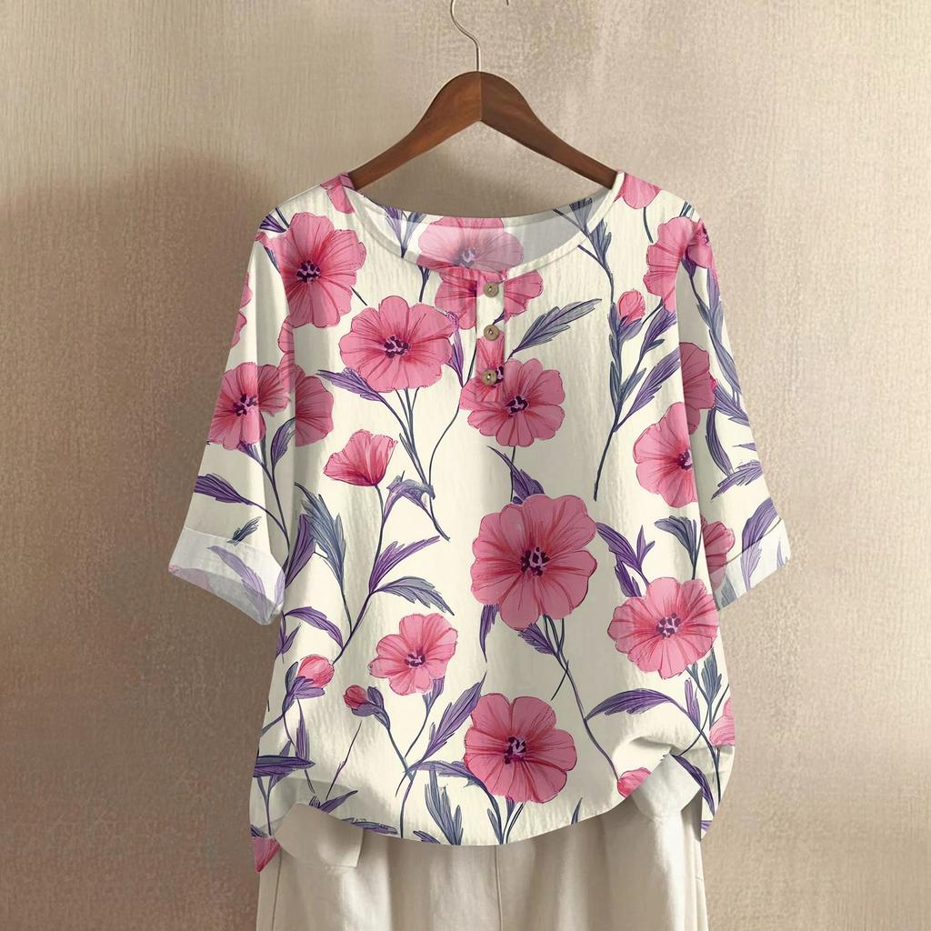 Women's Fashionable And Casual Shirt Half-sleeve Round Neck Print Cotton And Linen Blouse Top