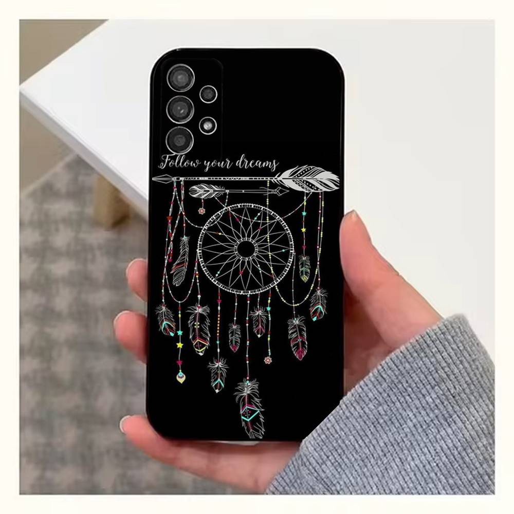Feather Art Dreamcatcher Phone Case For Samsung S25,S24,S23,S22,S20,S21,S10,Ultra,Plus,Lite,FE,Soft Silicone Black Cover