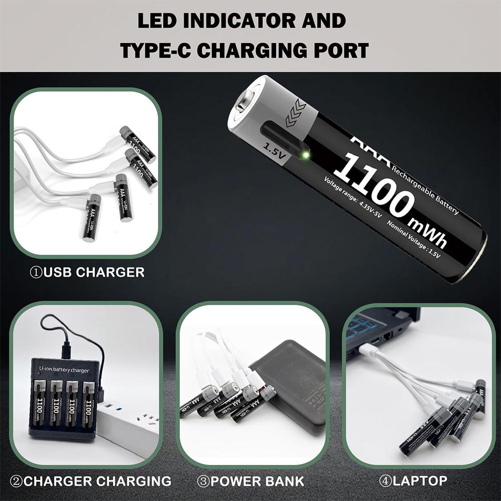 Rechargeable 1.5V 1100mWh AAA Battery with USB-C Cable for Toys, Remotes, and Clocks