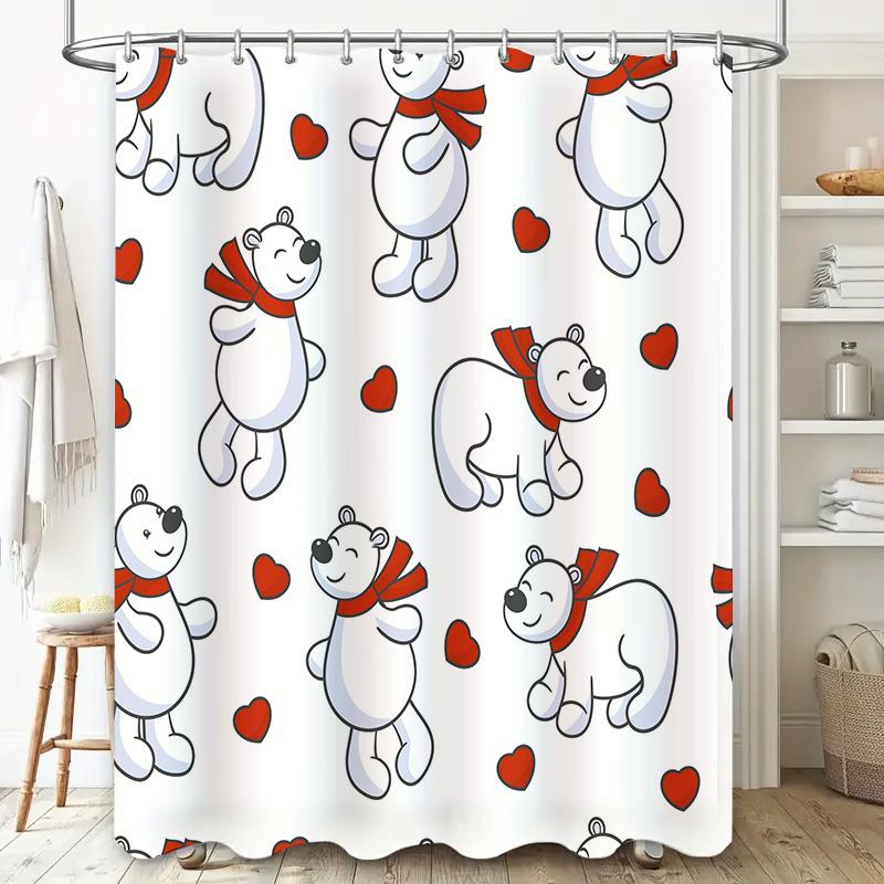 Cute Cartoon Animal Print Shower Curtains White Valentine's Day Red Hearts Teddy Bear Pattern Home Decor Bathroom Liner Shower C
