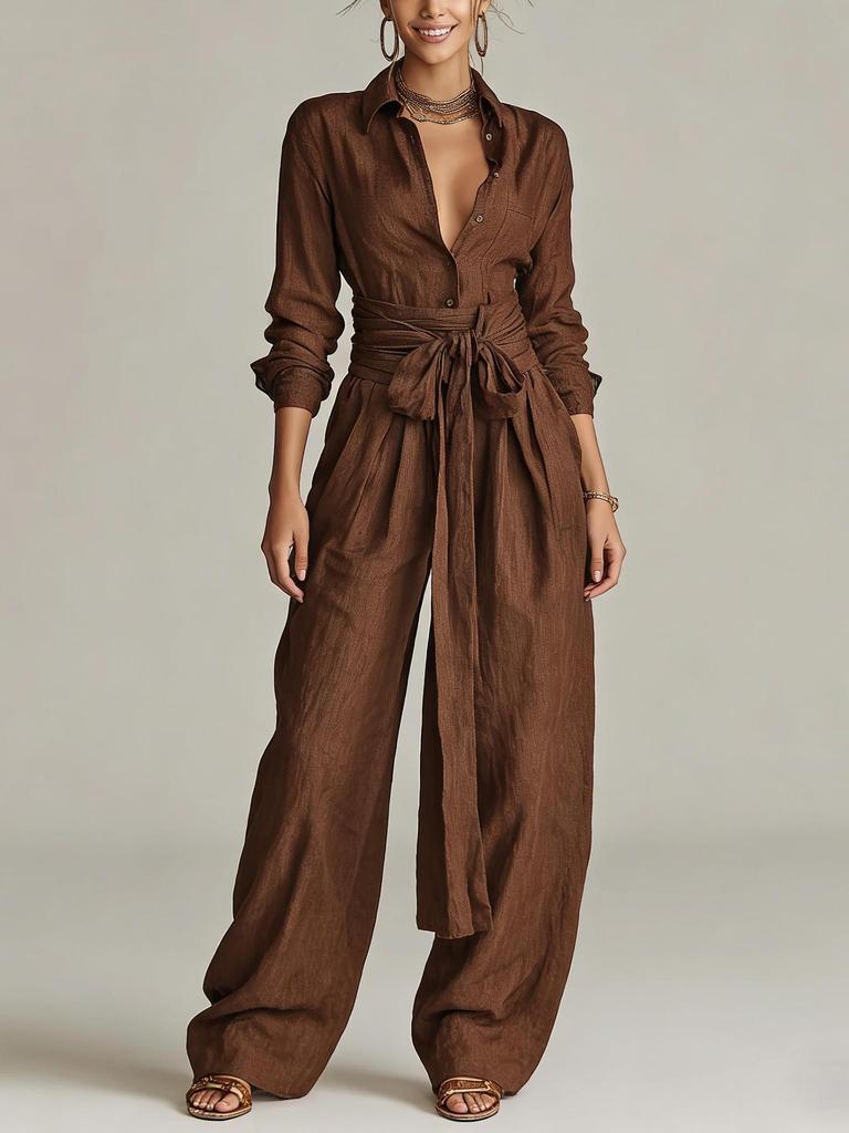 Retro High-Waisted Solid Color Jumpsuit with Tie-Waist