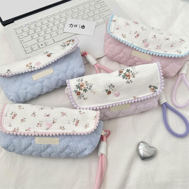 Flower Print Pen Bag with Lanyard Large Capacity Pencil Case Pen Organizers Pencil Pouches Travel Makeup Bag for Women